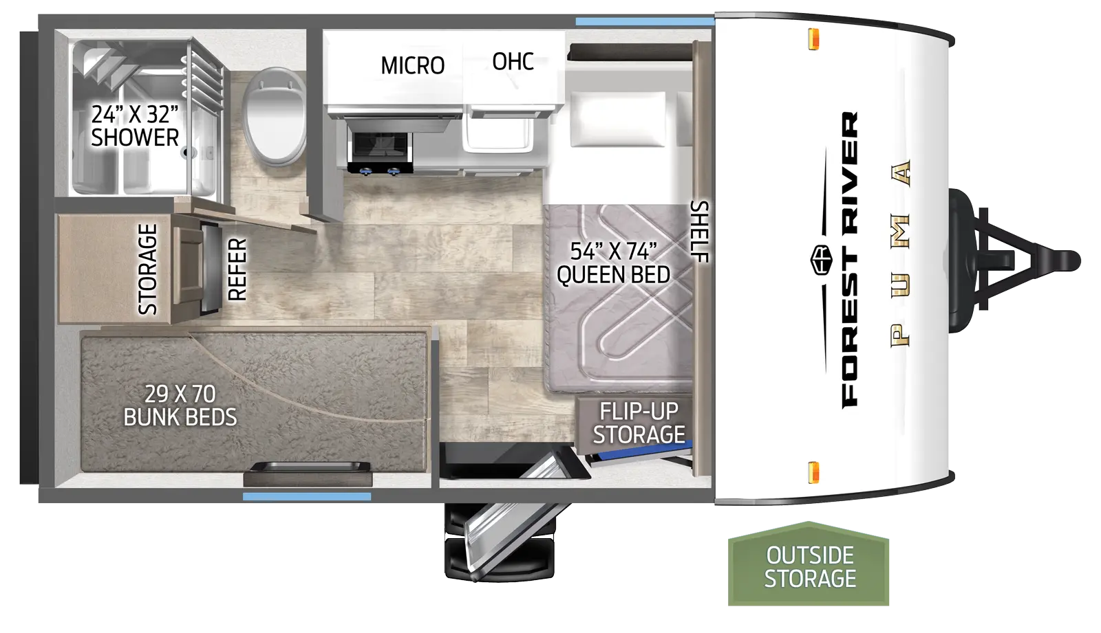 The Puma Camping Edition 122BHCE floorplan has one entry and zero slide outs. Exterior features include: metal exterior and 9' awning. Interiors features include: bunk beds and front bedroom.